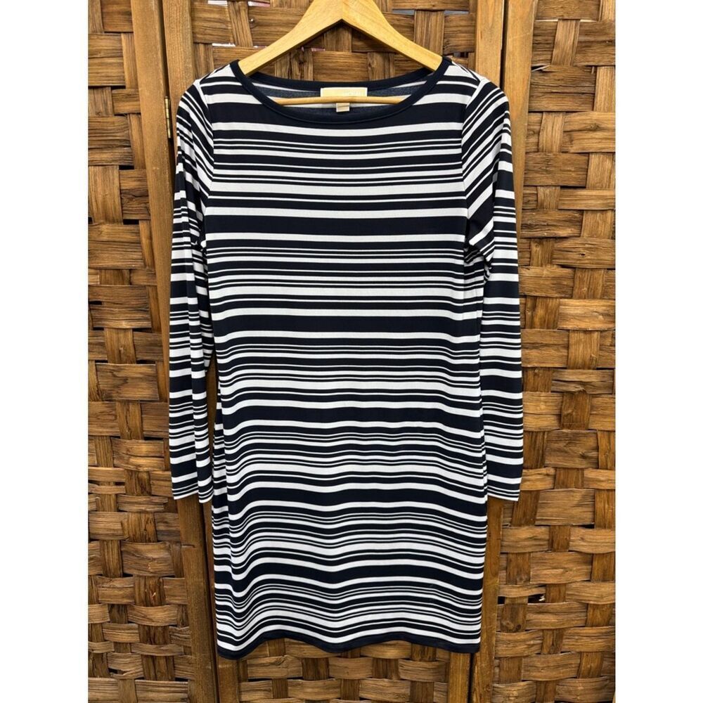 Michael Kors Navy and White Striped Long-Sleeve Shift Dress